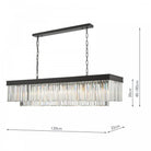 A rectangular black and crystal chandelier with dimensions of 120cm wide by 32cm deep.