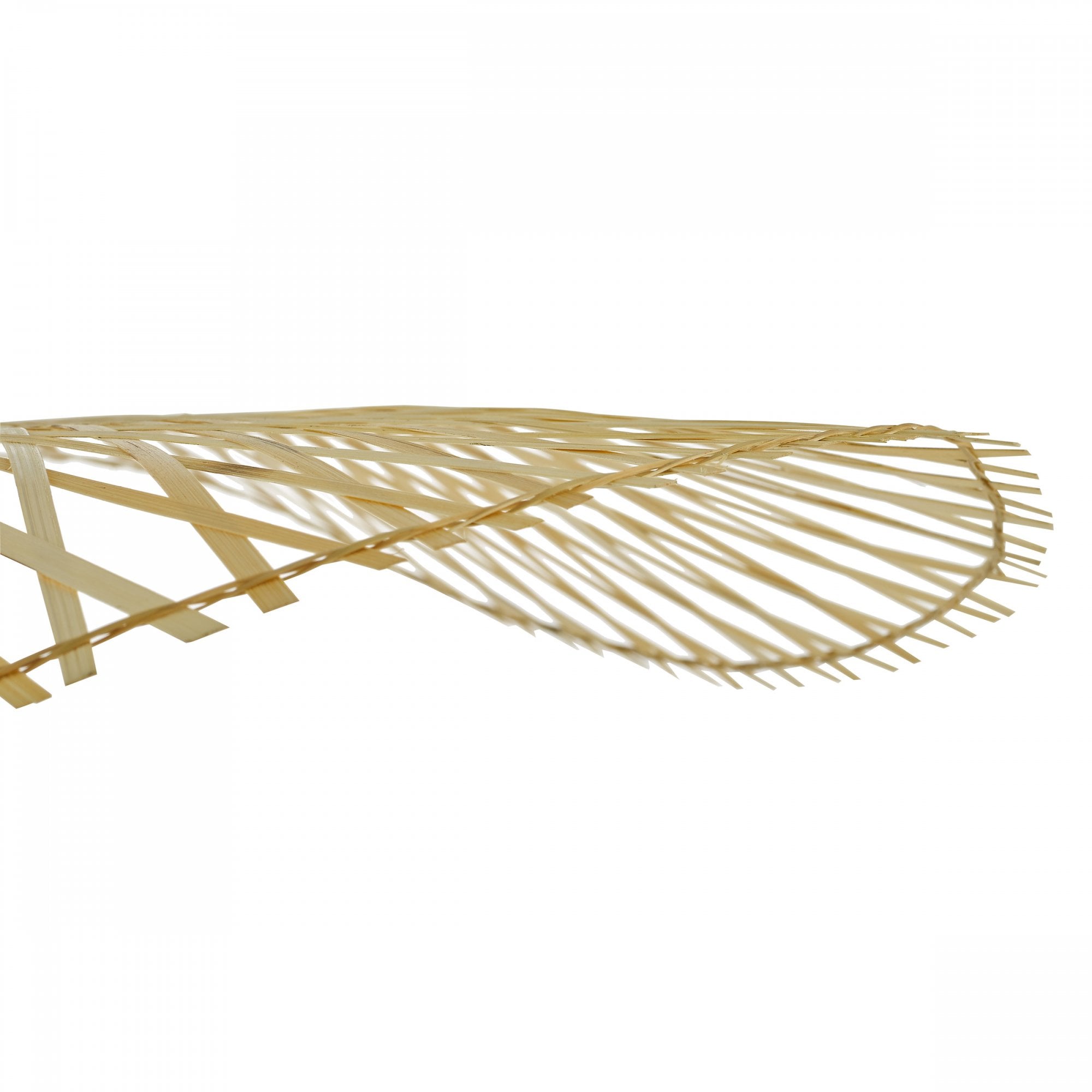 A side view of the wavy, horizontal bamboo ceiling light.