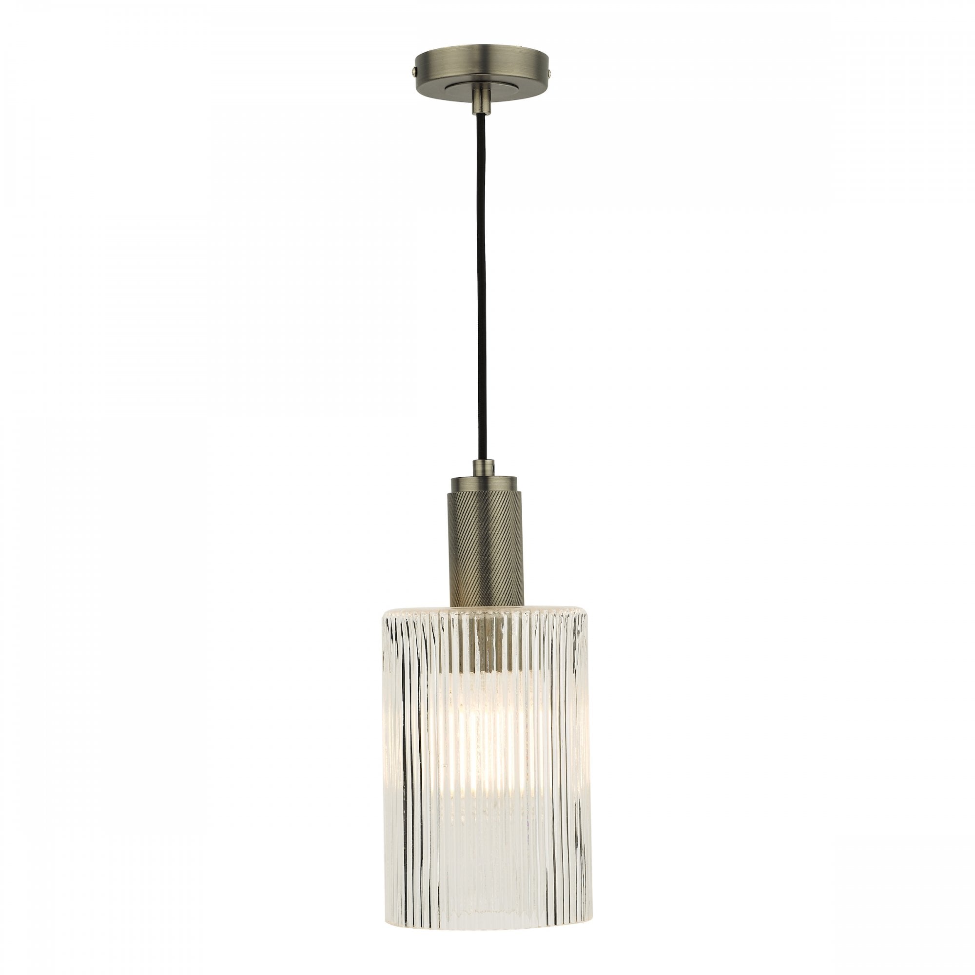 A single ribbed glass and antique brass pendant light on a white background, illuminated.