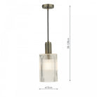 A ribbed glass and antique brass pendant light with dimensions on a white background.