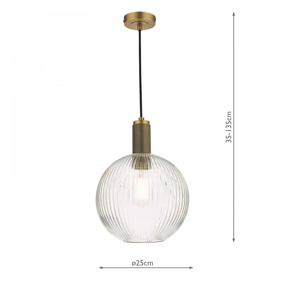 A clear, ribbed glass globe pendant light with brass details and dimensions shown.