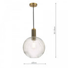 A clear, ribbed glass globe pendant light with brass details and dimensions shown.