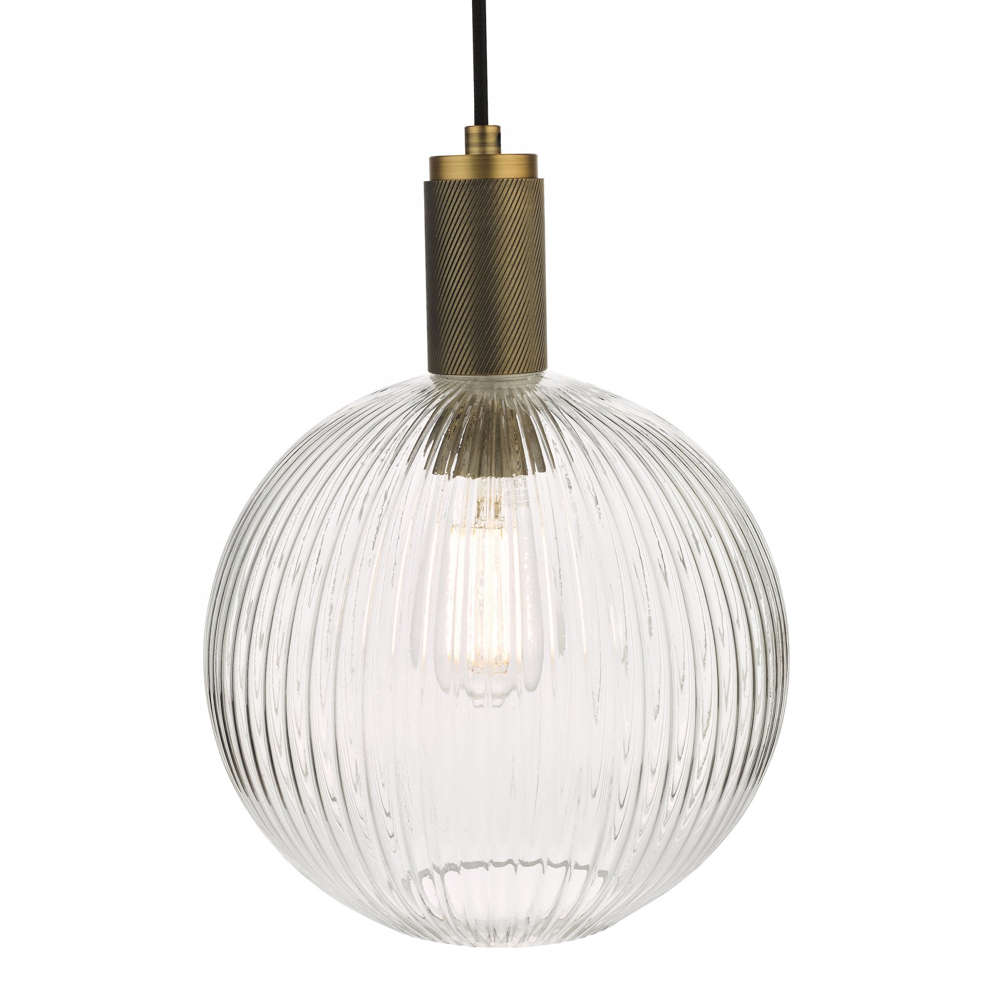 A clear, ribbed glass globe pendant light with a brass top and visible bulb.