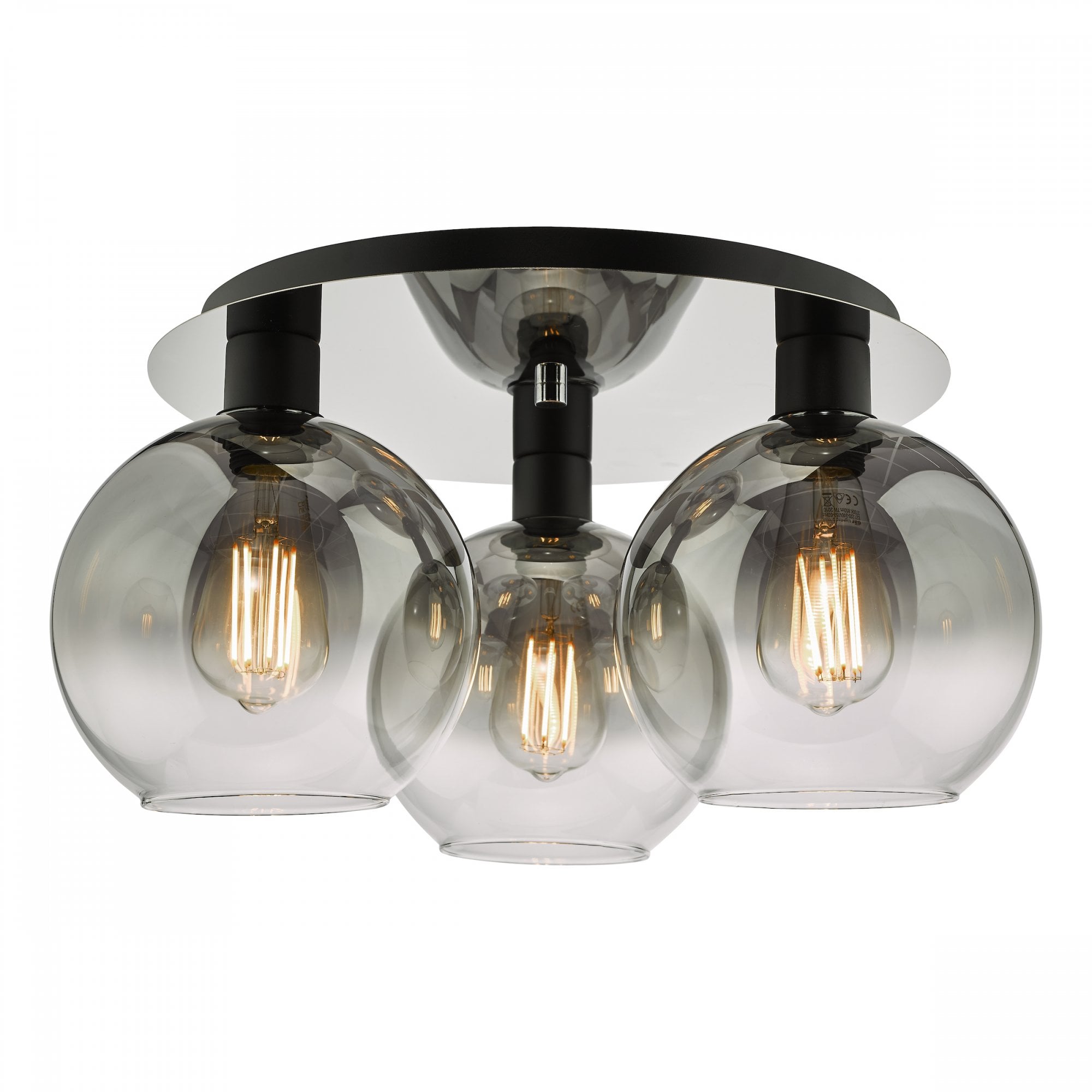 Modern ceiling light with three smoked glass globes and exposed filament bulbs.