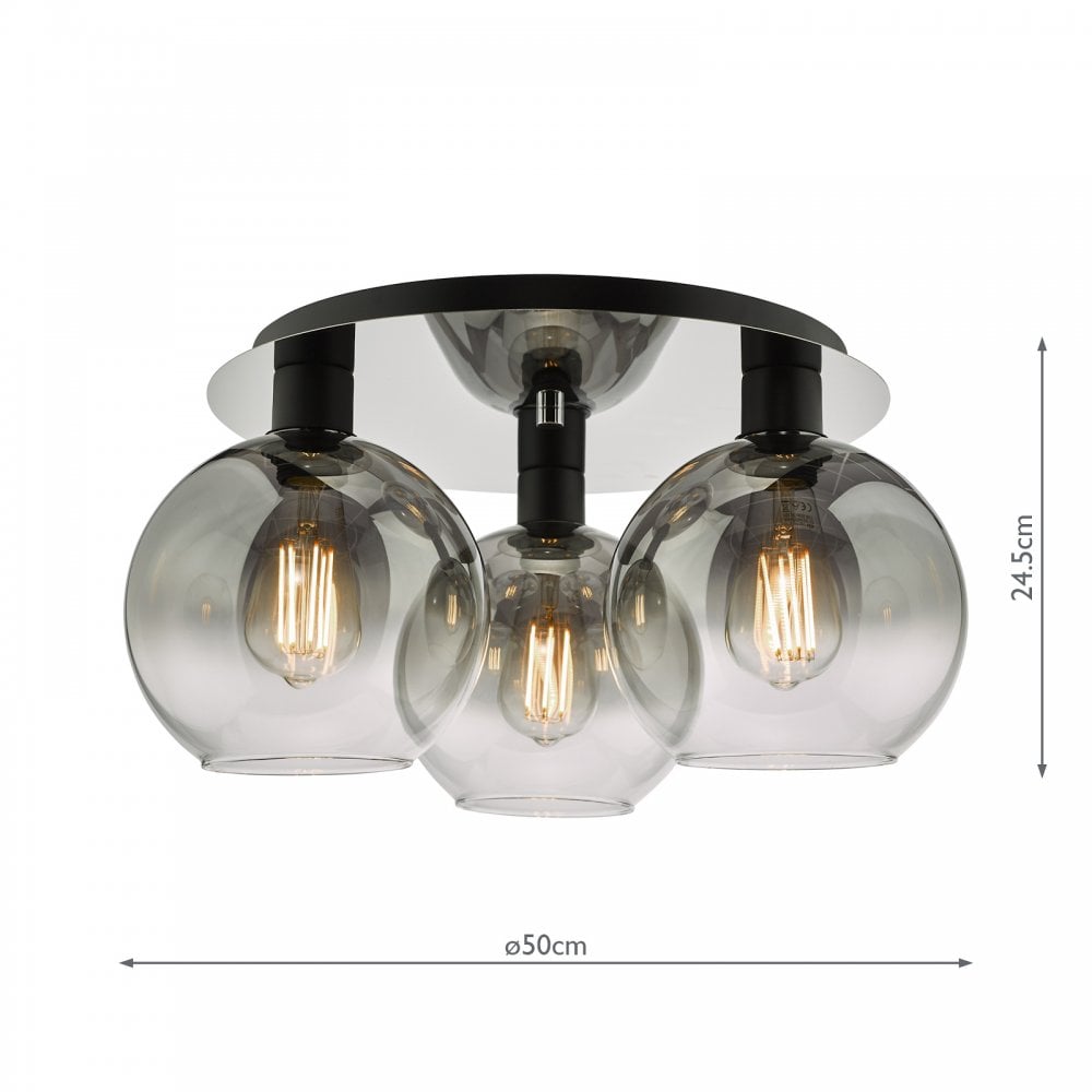 Dimensions of a ceiling light with three smoked glass globes: 50cm diameter, 24.5cm height.