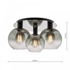 Dimensions of a ceiling light with three smoked glass globes: 50cm diameter, 24.5cm height.