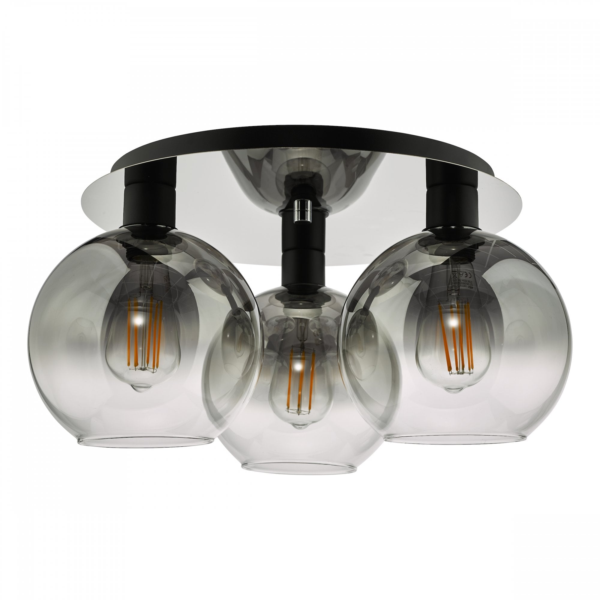 Ceiling light featuring three smoked glass globes with exposed filament bulbs.
