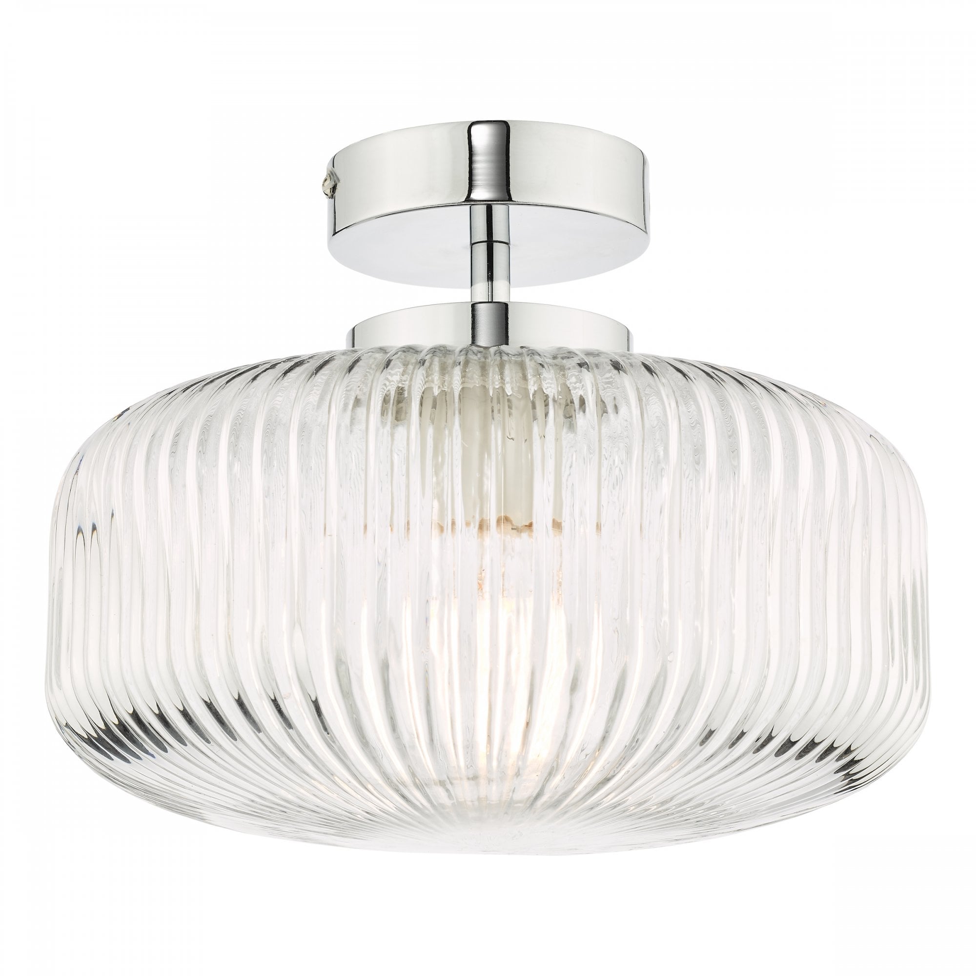A close-up view of the ribbed glass flush ceiling light with a chrome fixture, unlit.