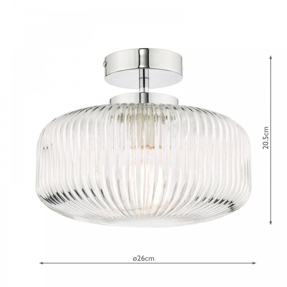 A clear, dimensional rendering of the ribbed glass flush ceiling light with measurements.