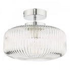 The ribbed glass flush ceiling light with a chrome fixture, unlit, on a white background.