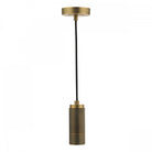 A sleek, modern brass pendant light fixture on a white background.
