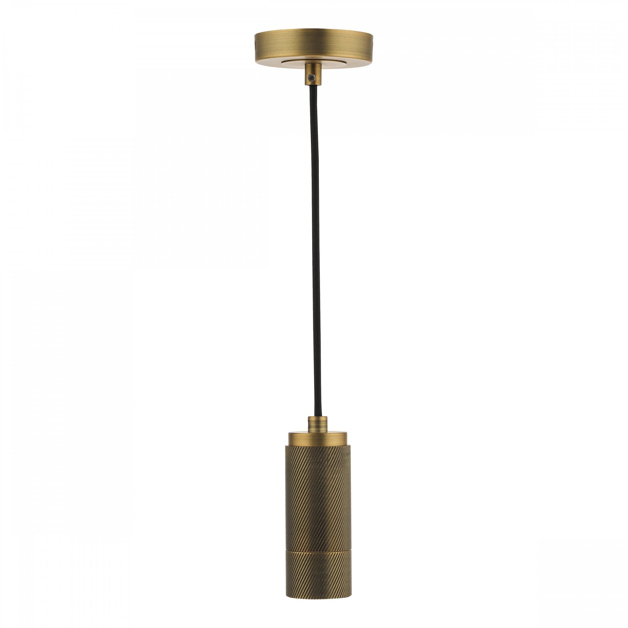 A sleek, modern brass pendant light fixture on a white background.