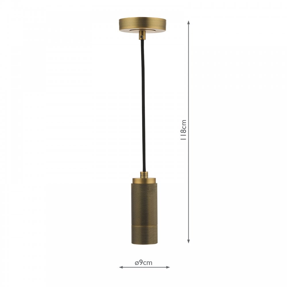 A brass pendant light fixture with dimensions showing a height of 118cm and width of 9cm.