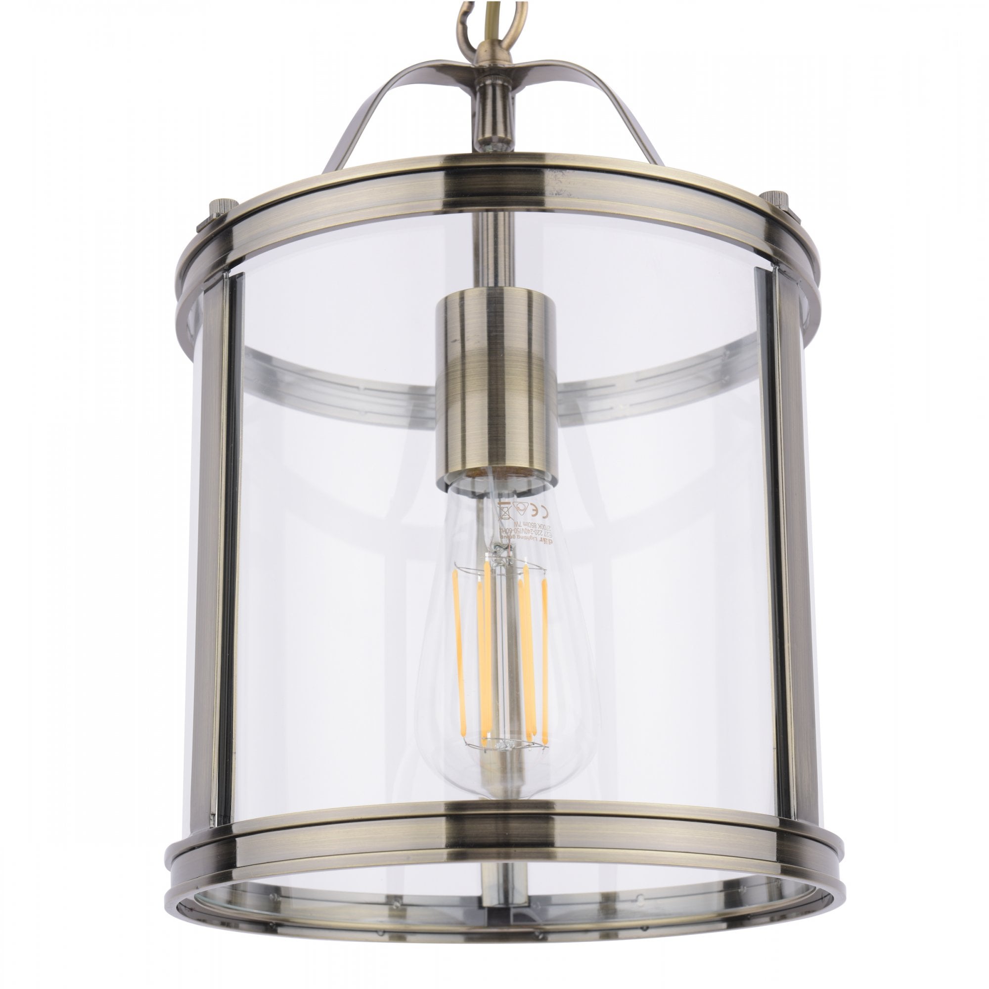 Front view of a vintage style pendant light with a clear glass shade and antique brass finish.