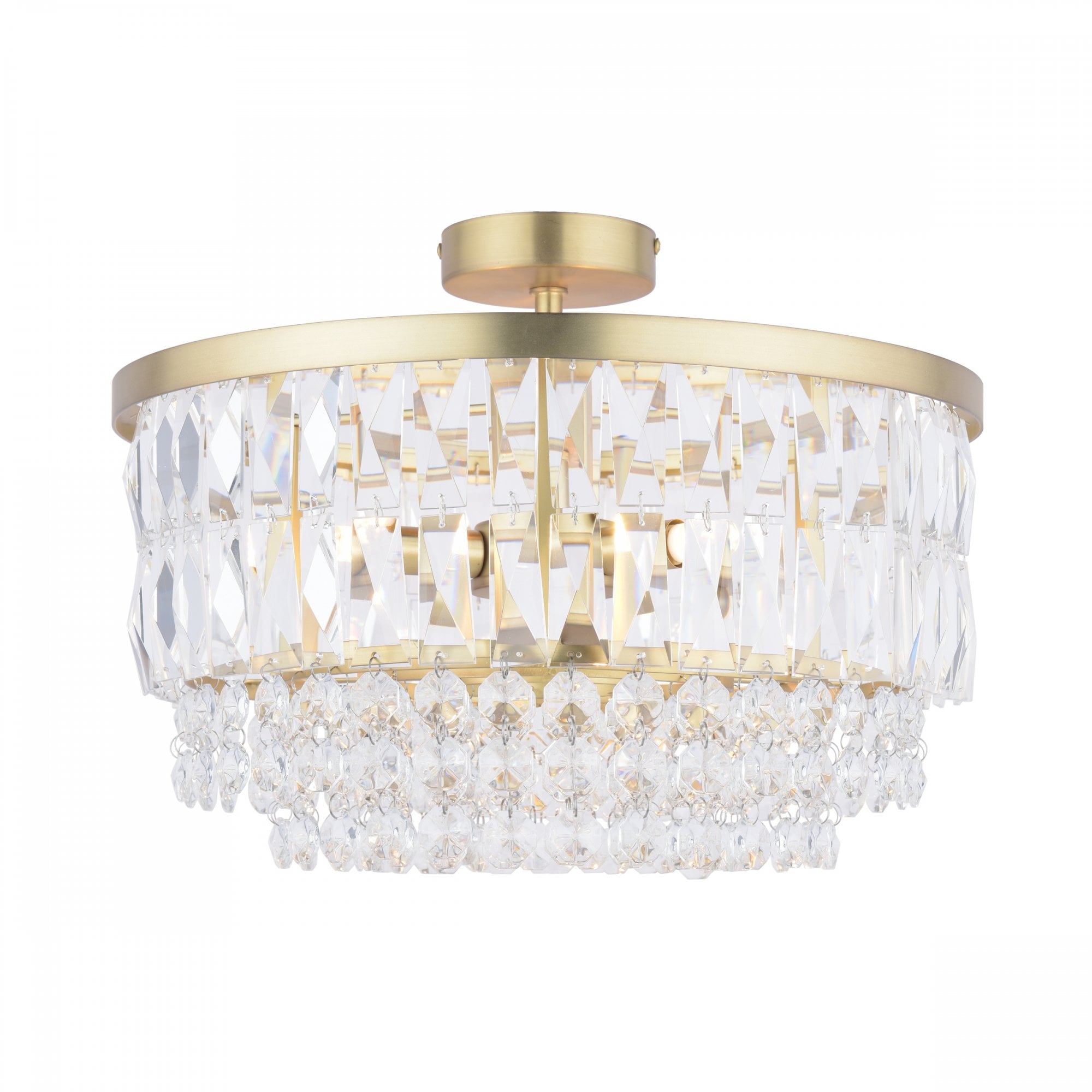 Crystal chandelier with gold accents on a white background.