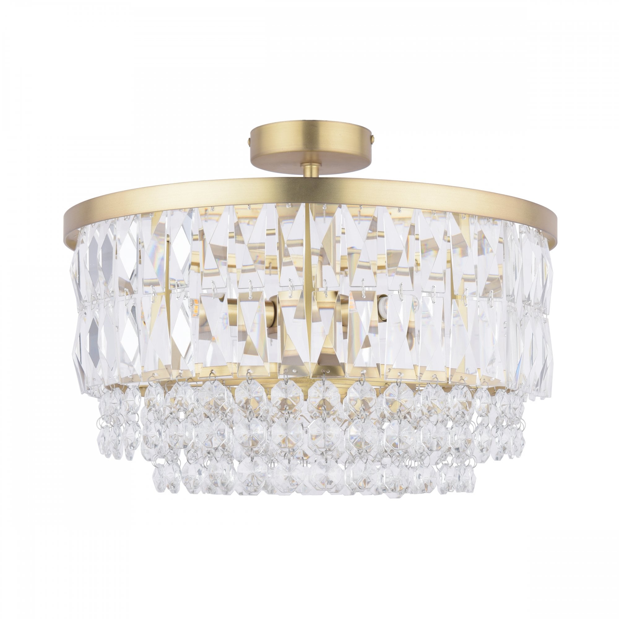 Crystal chandelier featuring a gold base and multiple tiers of clear crystals.
