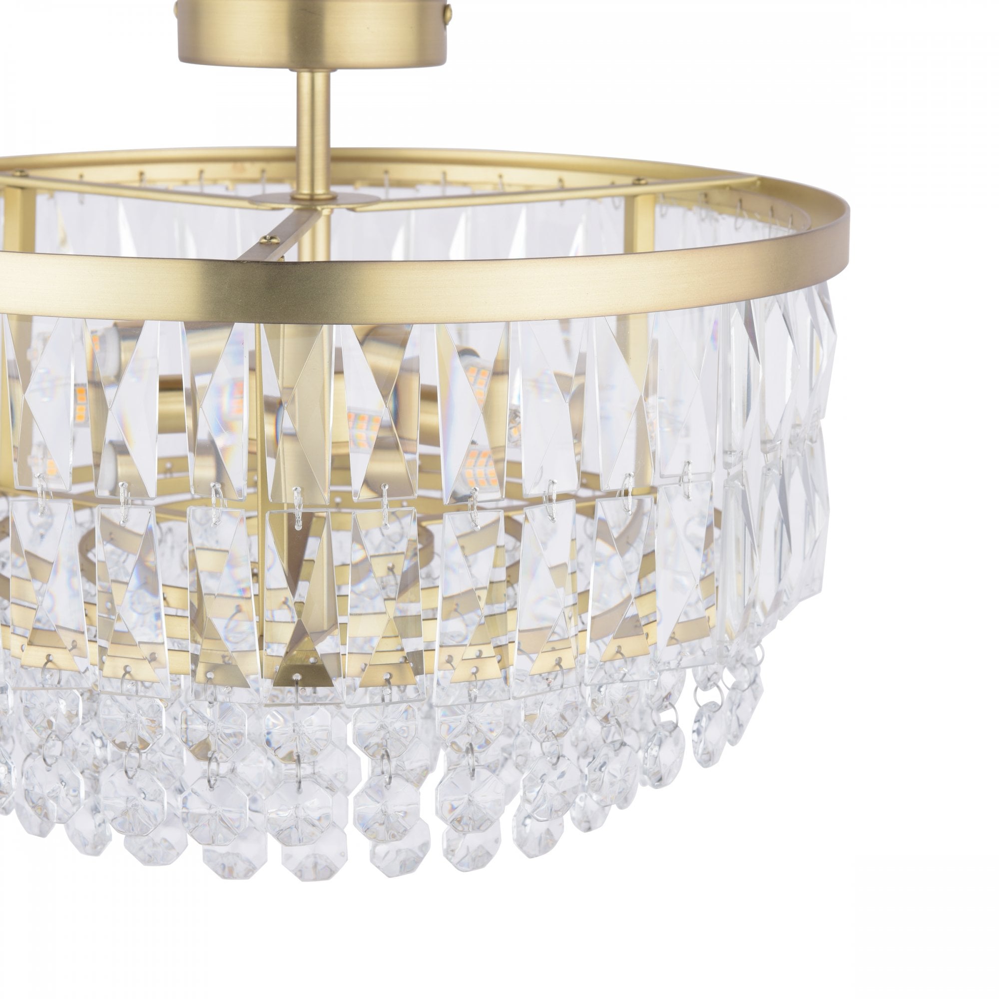 Close-up side view of a crystal chandelier showcasing its intricate design.