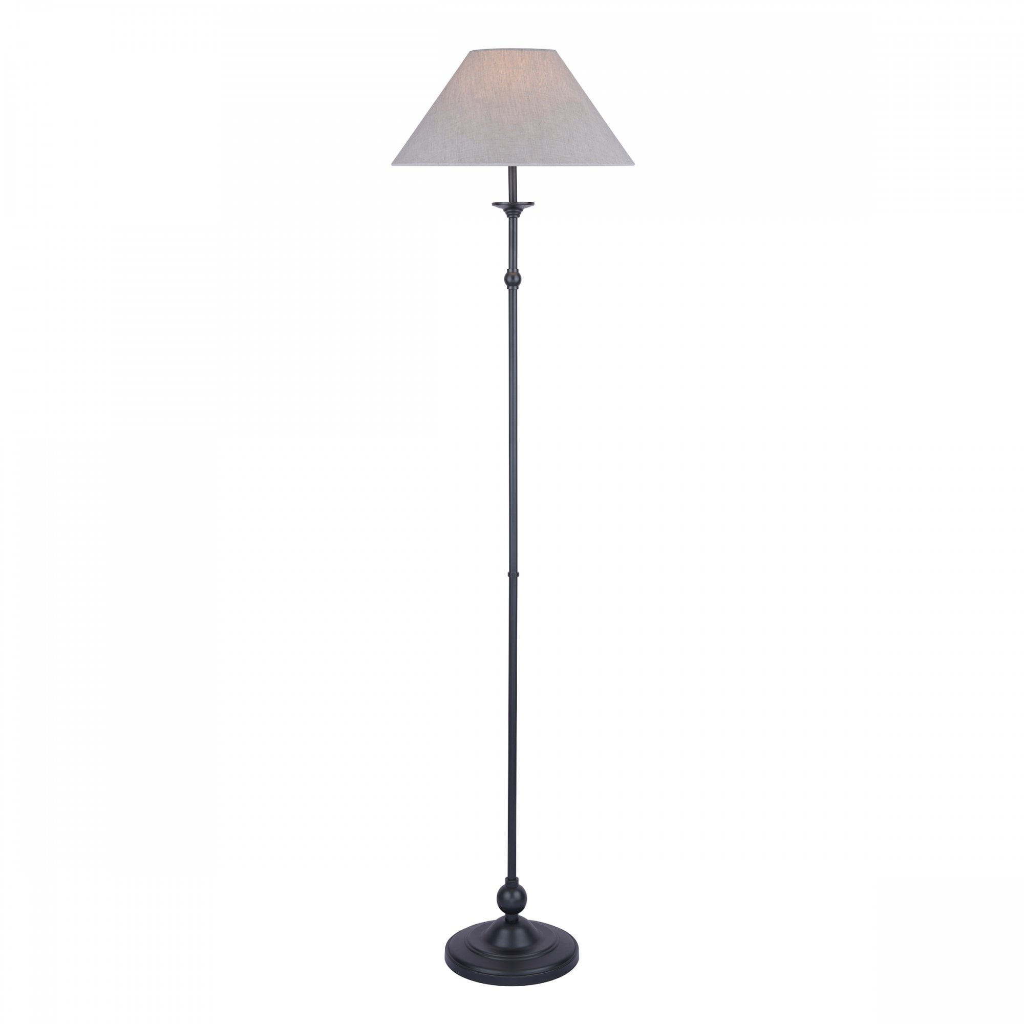 A full-length shot of a classic floor lamp with a dark base and a light-colored shade.
