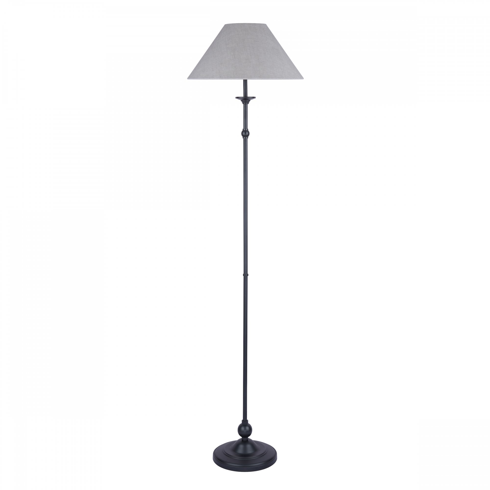 A full-length shot of a classic floor lamp with a dark base and a light-colored shade.