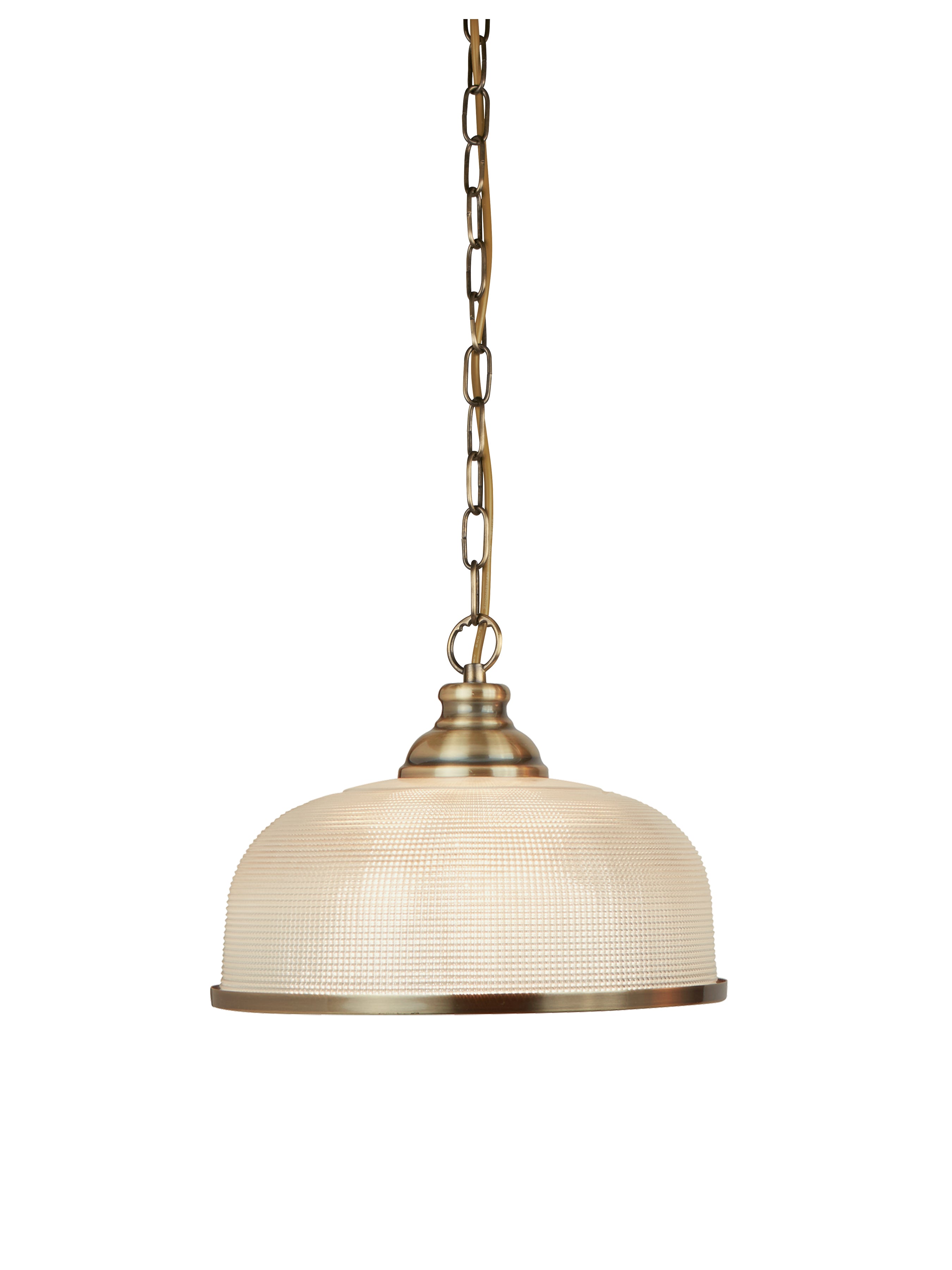 A pendant lamp with an off-white glass dome shade and brass-colored chain and trim.