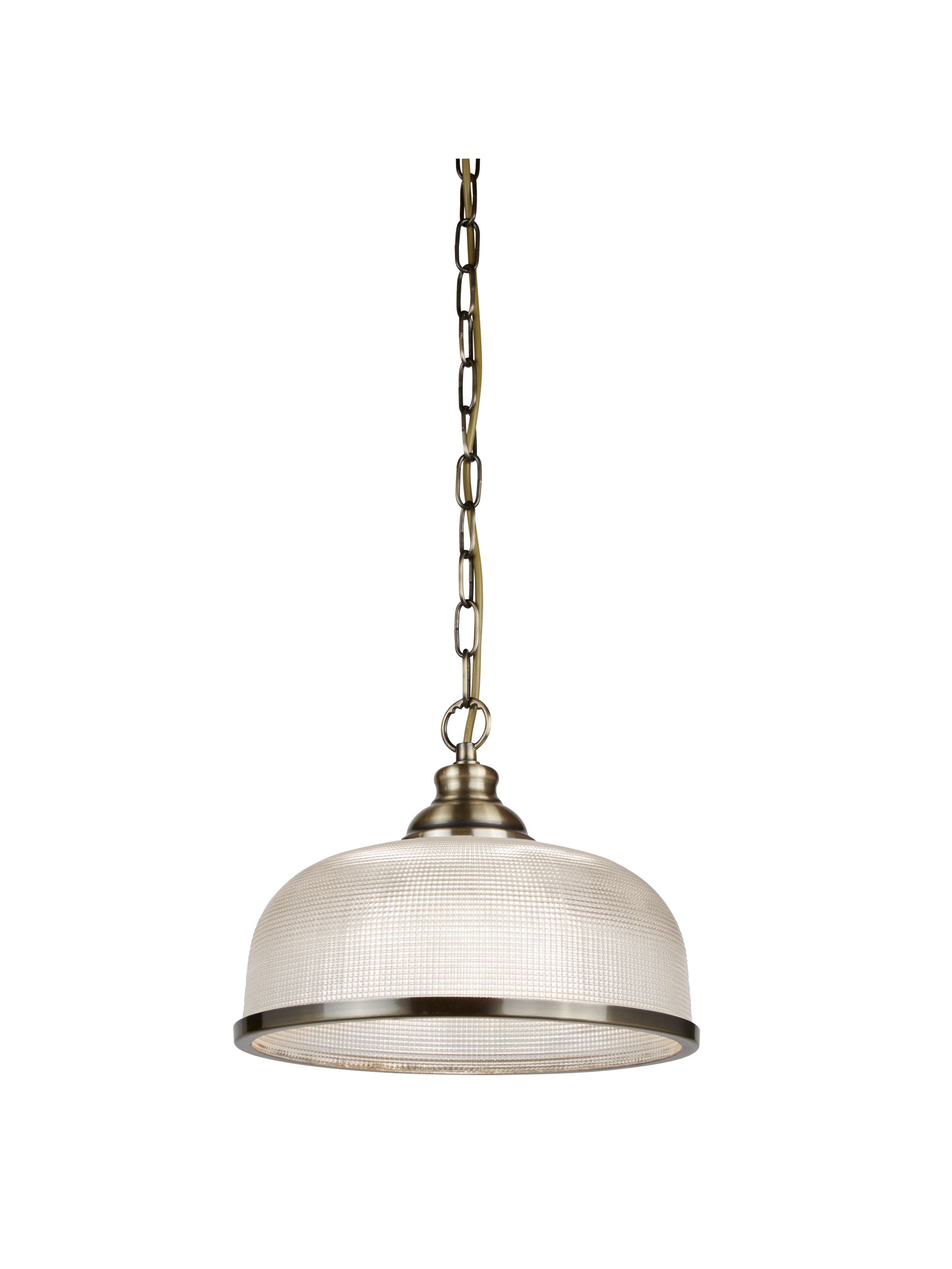 A pendant lamp with a silver chain and trim, and a clear, textured glass dome shade.