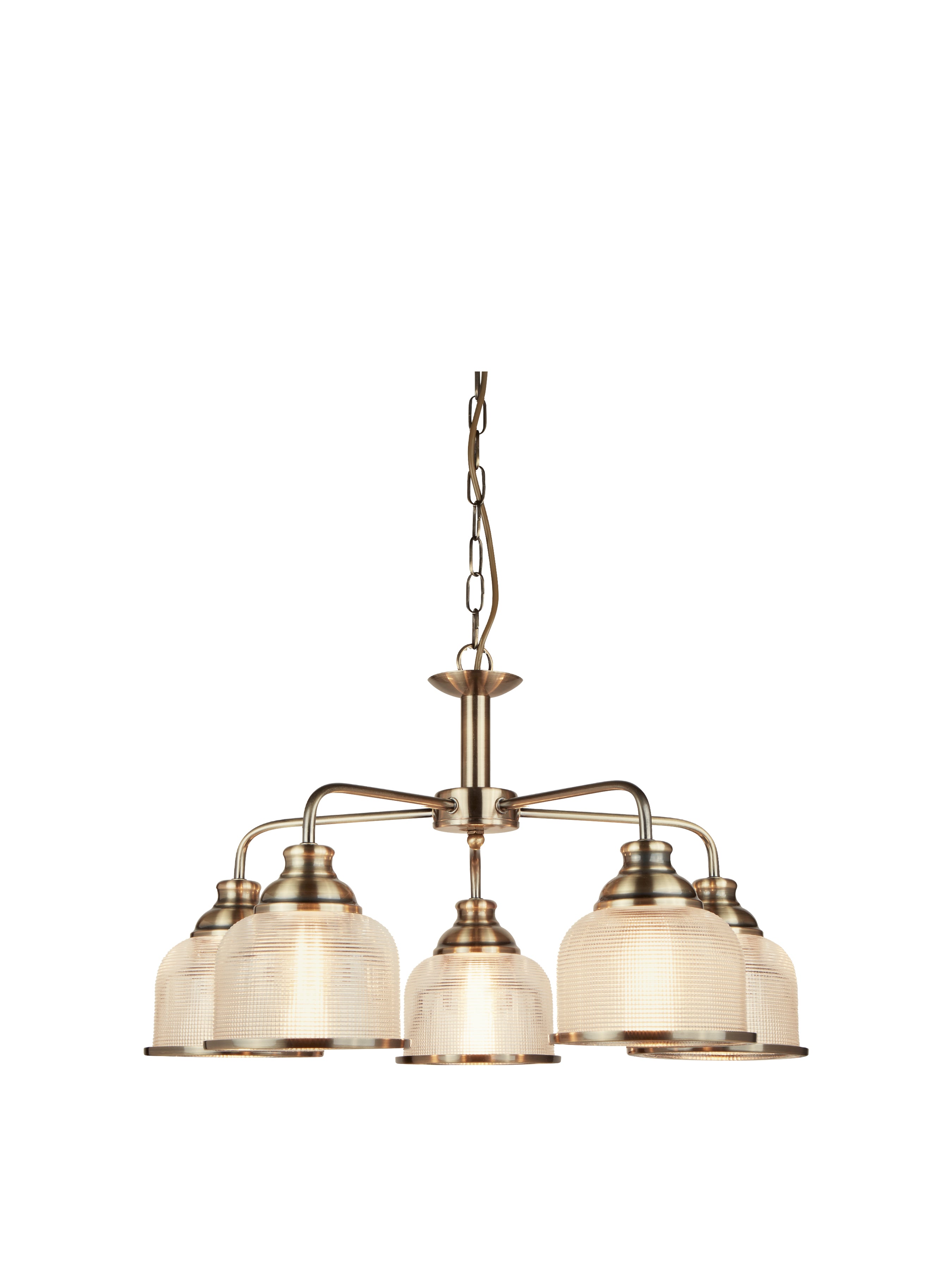 A five-arm chandelier with antique brass finish and frosted glass shades.