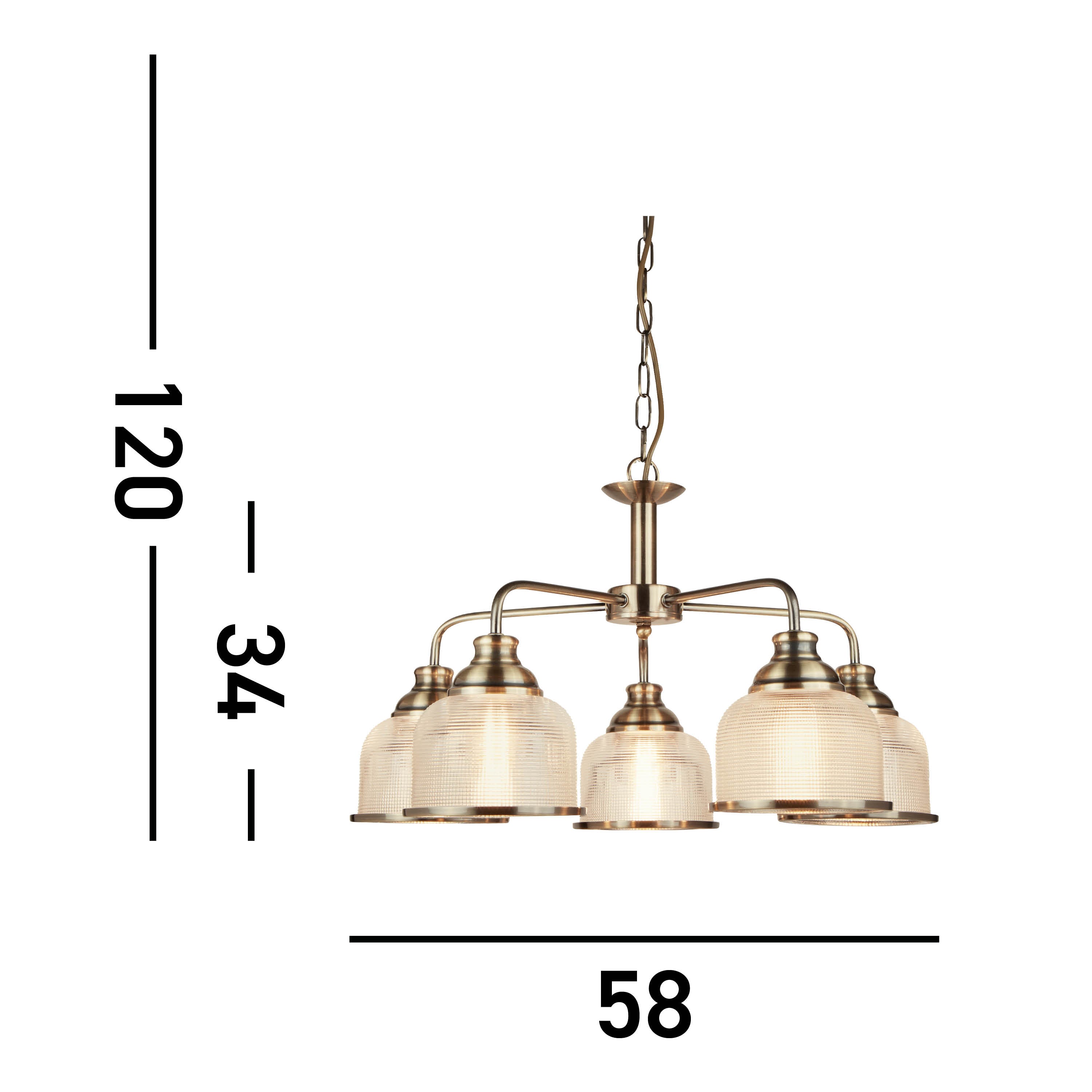 Dimensional drawing of a five-arm chandelier, showing measurements of 120, 34, and 58.