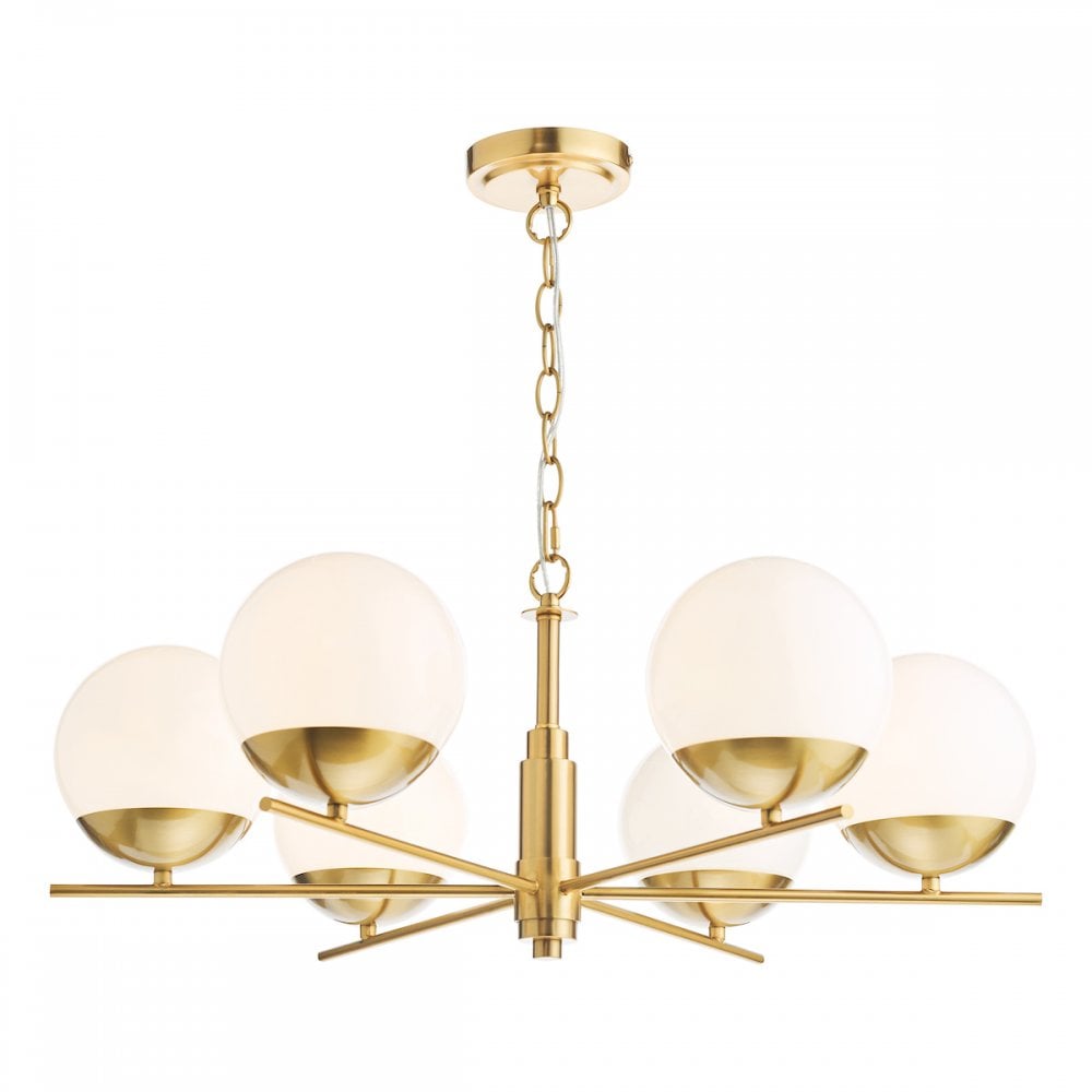 A modern brass chandelier with six white globe lights, shown against a white background.
