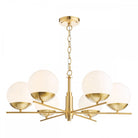 A modern brass chandelier with six white globe lights, shown against a white background.