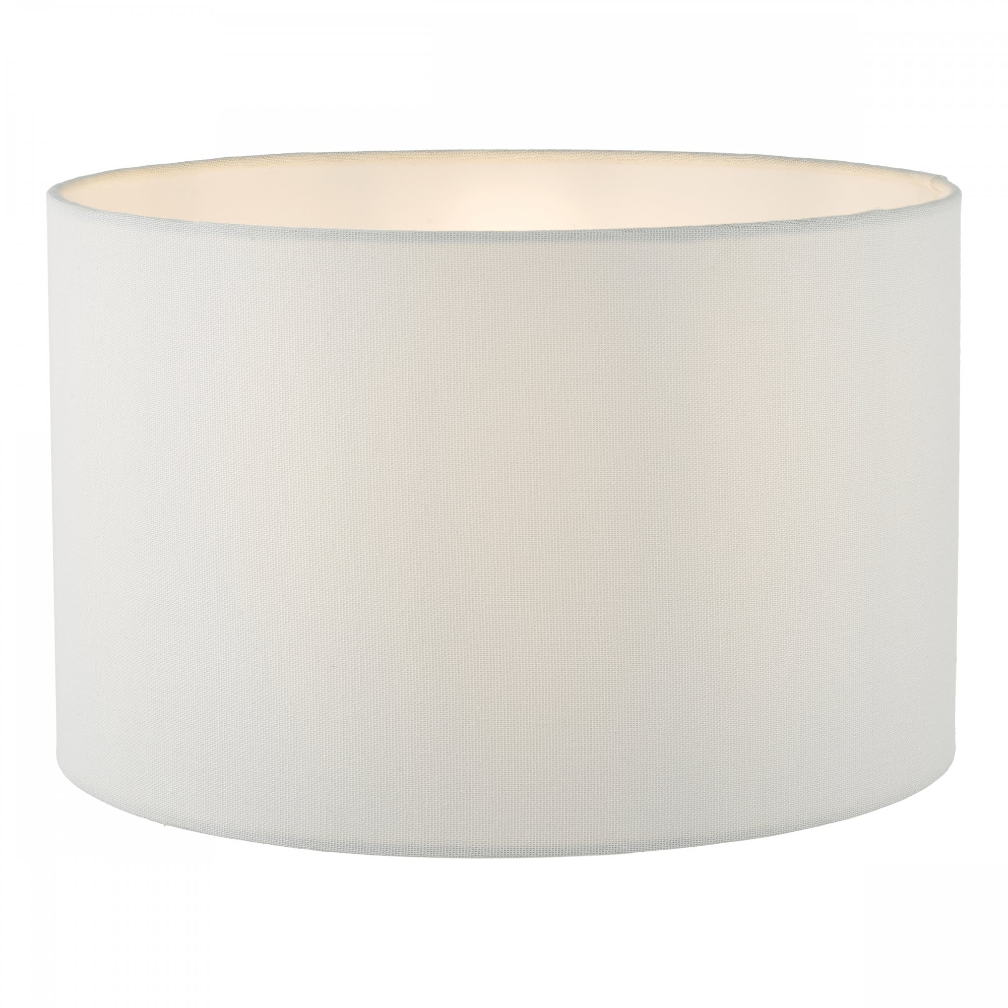 White cylindrical lampshade, illuminated from within.