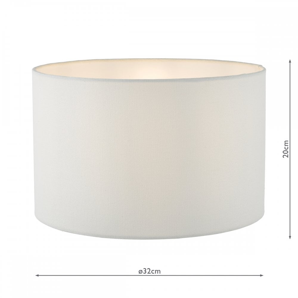 White cylindrical lampshade with dimensions 20cm height and 32cm diameter.