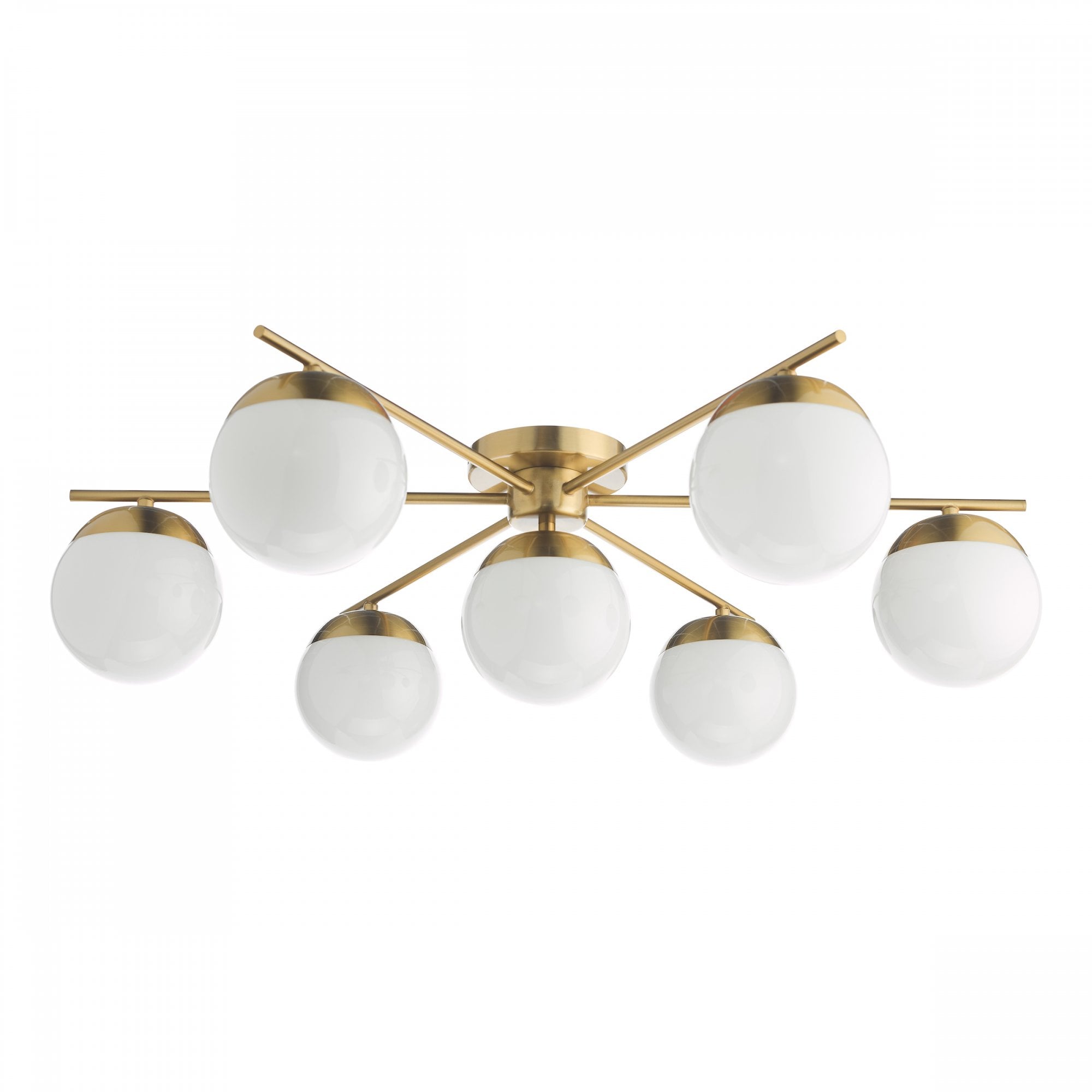Ceiling light fixture with seven white globe shades on a white background.