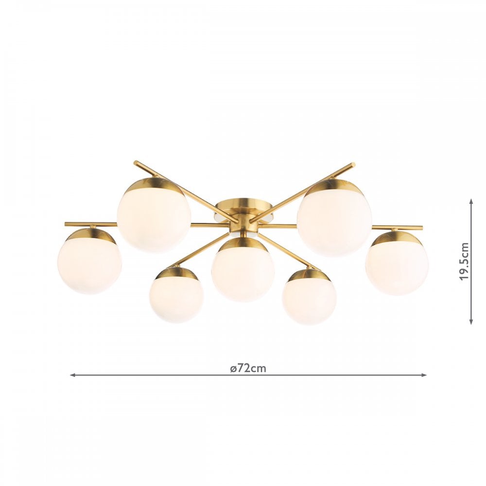 Seven-light ceiling fixture with white globe shades and dimensions displayed.