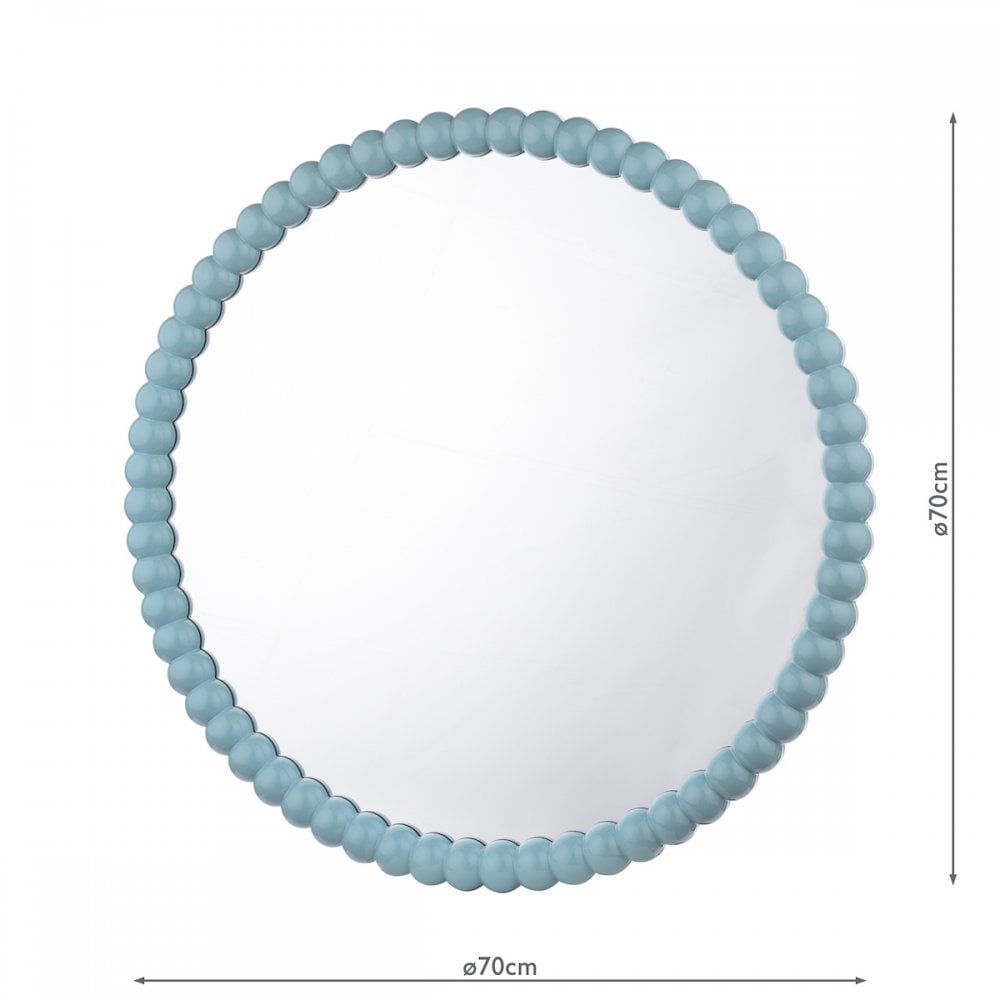 Round mirror with a light blue beaded frame, showing its 70cm diameter dimensions.