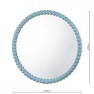 Round mirror with a light blue beaded frame, showing its 70cm diameter dimensions.