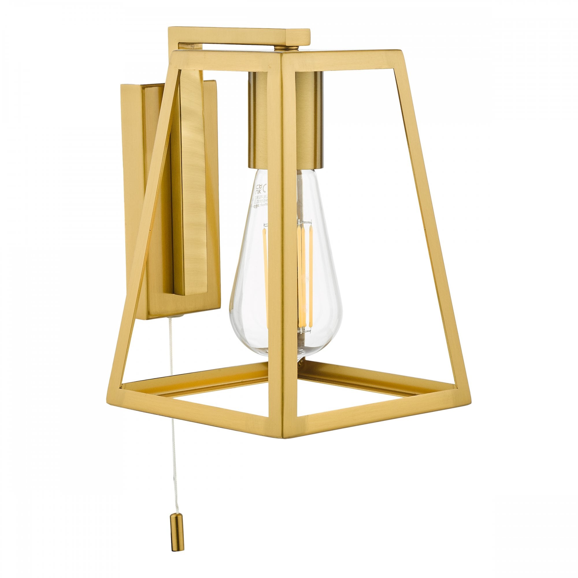A modern gold wall light with a geometric frame and exposed bulb with a pull cord switch.