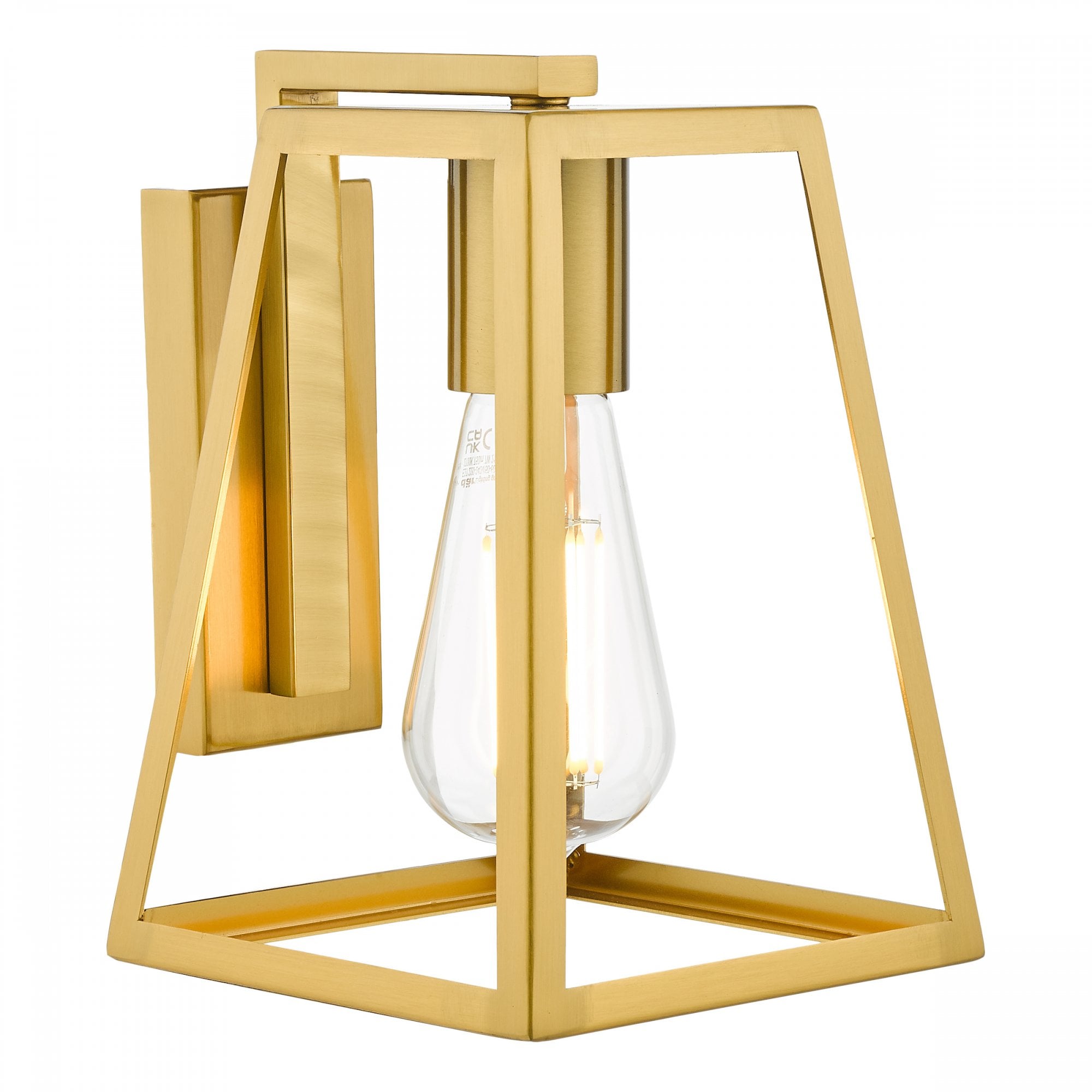 A modern gold wall light with a geometric frame and exposed bulb.