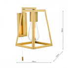 A modern gold wall light with a geometric frame and exposed bulb, with dimensions.