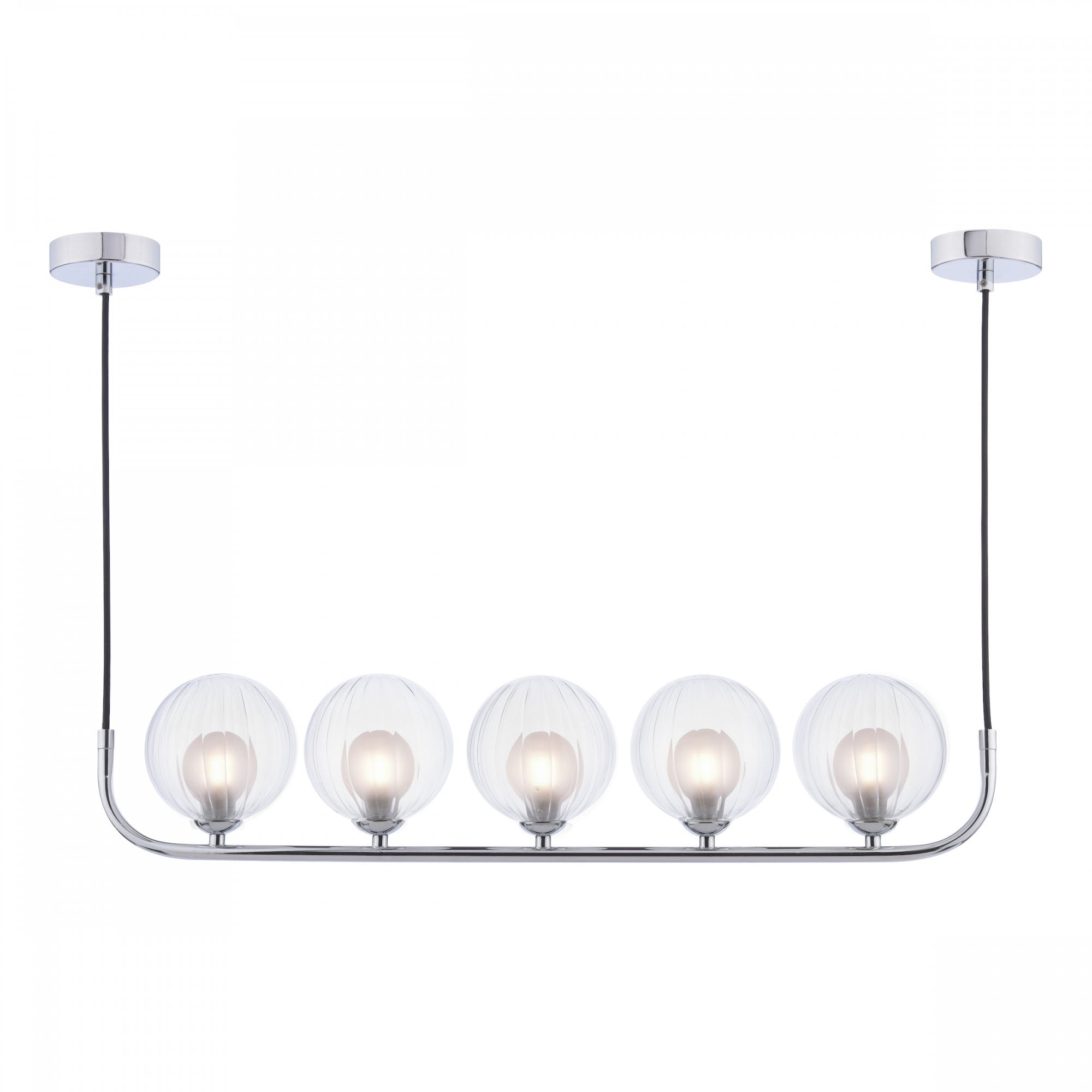 Five clear globe lights on a chrome bar, suspended from two ceiling mounts.
