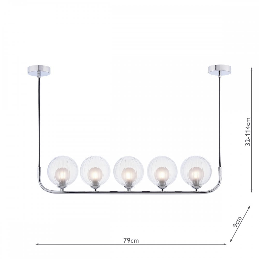 Five clear globe lights on a chrome bar with dimensions, suspended from two ceiling mounts.