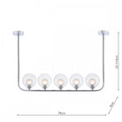 Five clear globe lights on a chrome bar with dimensions, suspended from two ceiling mounts.