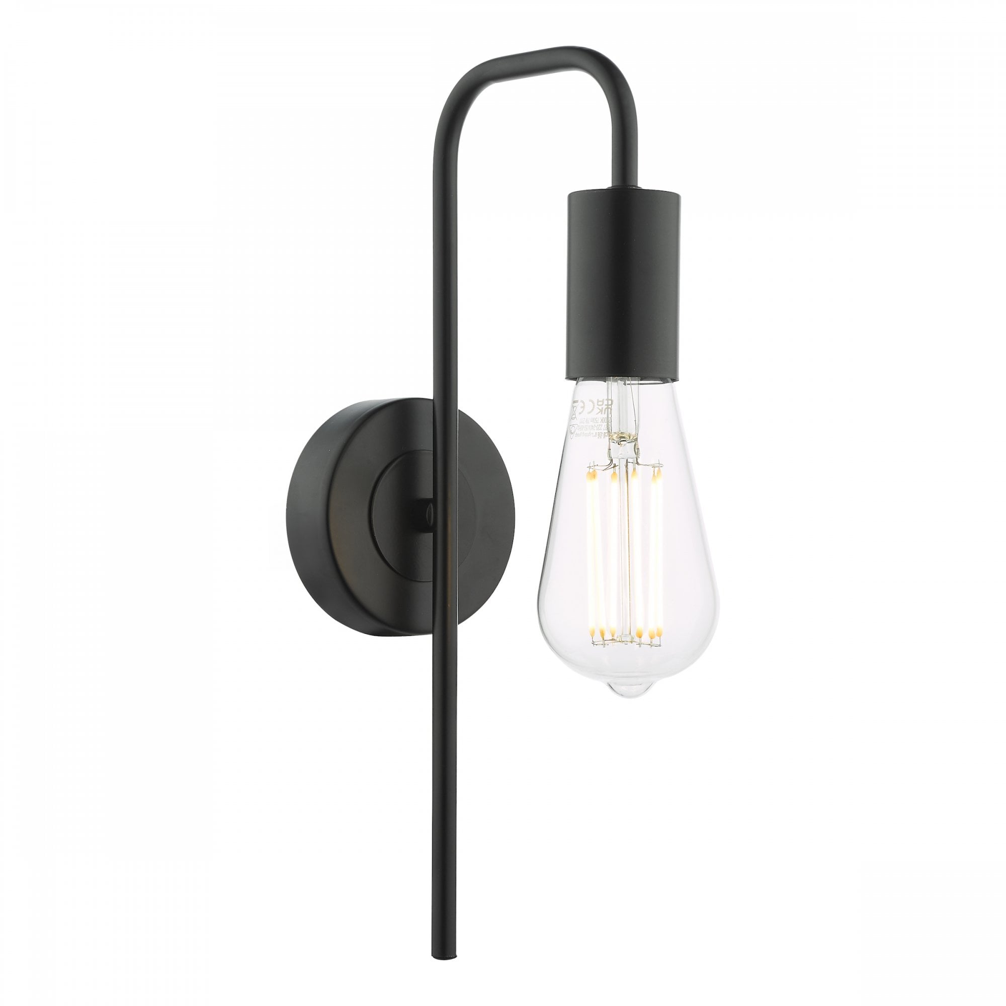 Black wall lamp with clear vintage bulb.