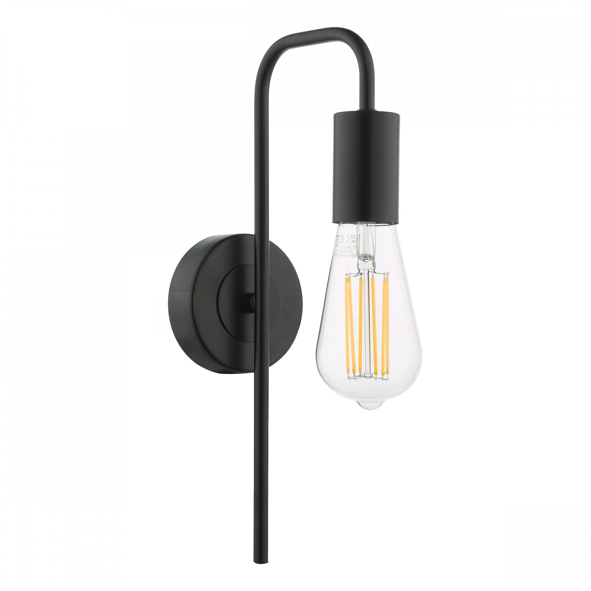 Black wall lamp with clear vintage bulb showing filaments.