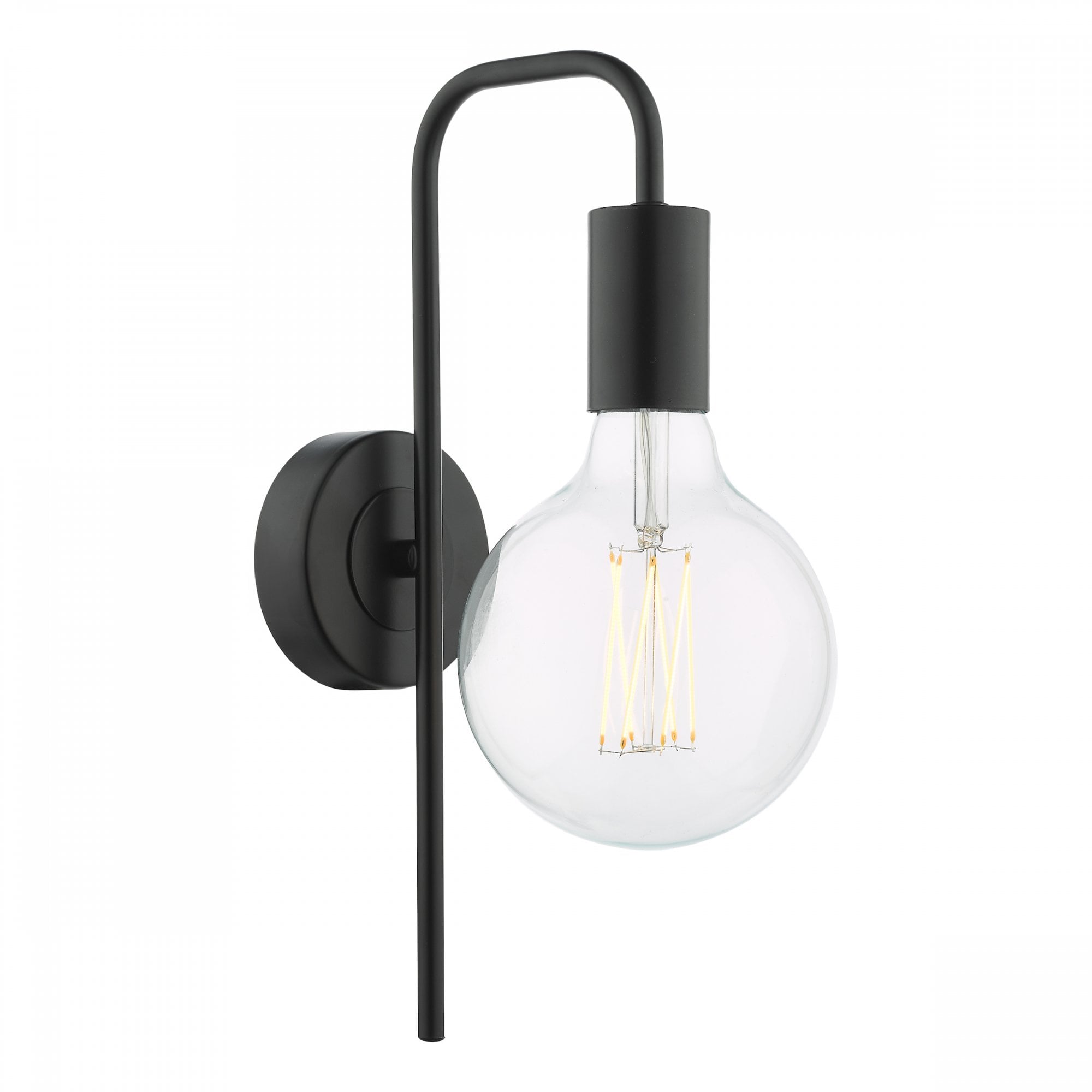 Black wall lamp with a large, round, clear vintage bulb.