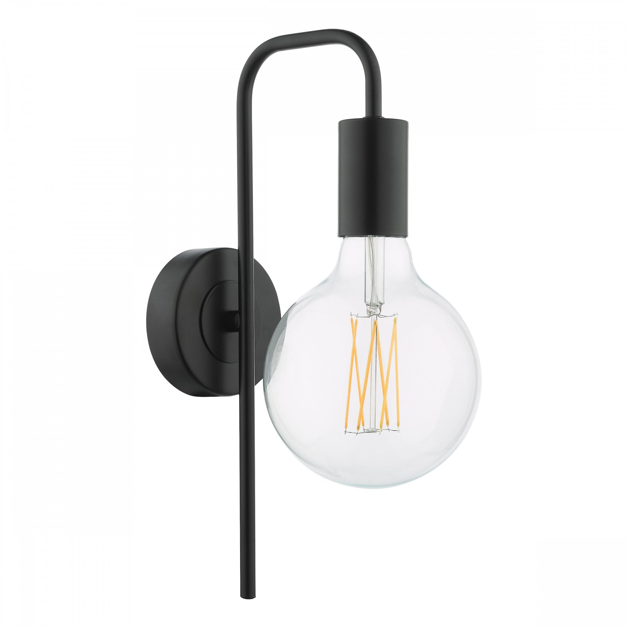 Black wall lamp with a large, round, clear vintage bulb with filaments.