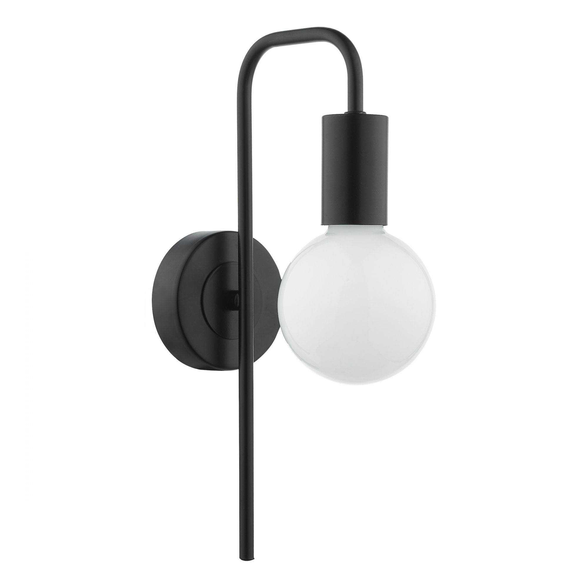 Black wall lamp with a white, spherical bulb.