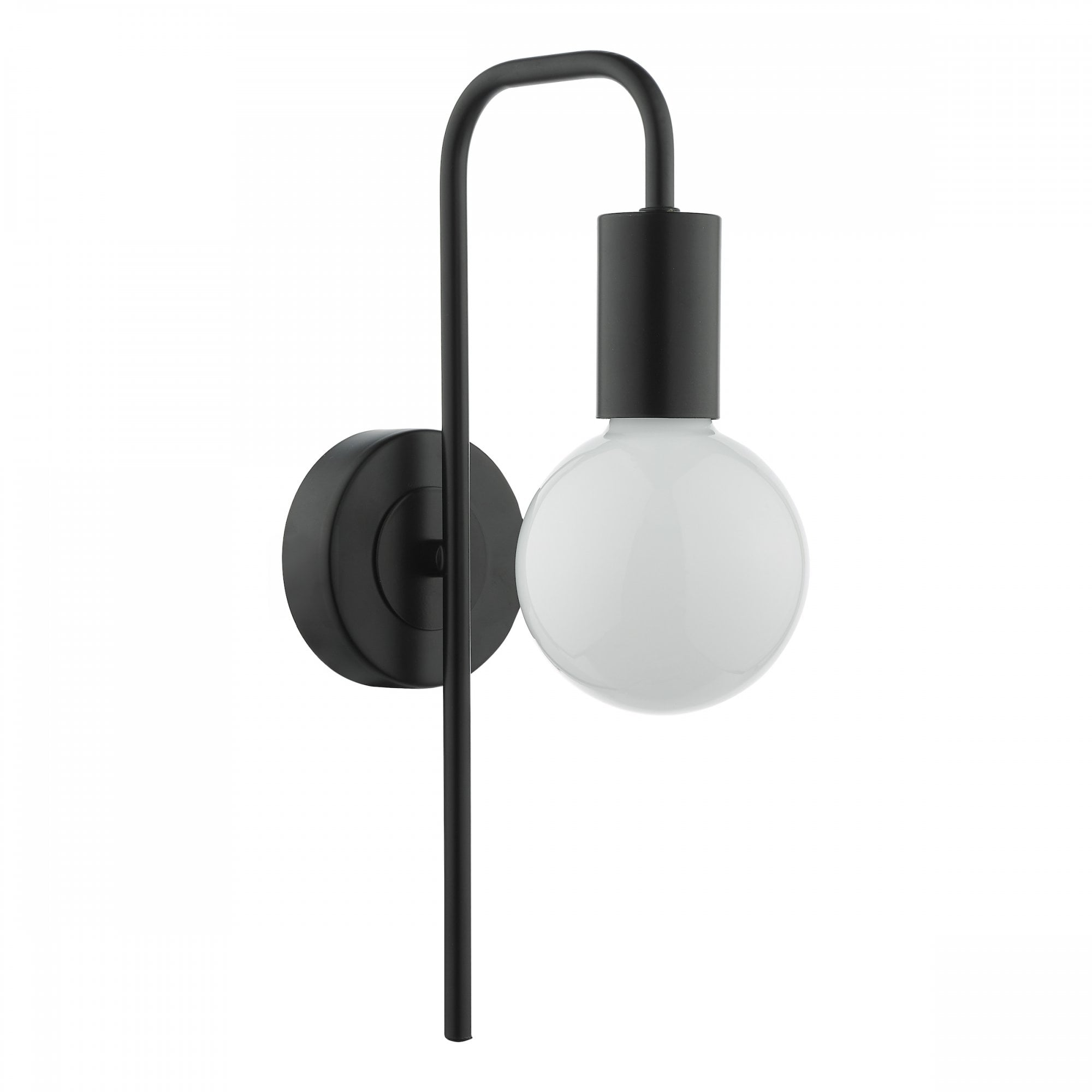Black wall lamp with a round, white bulb.