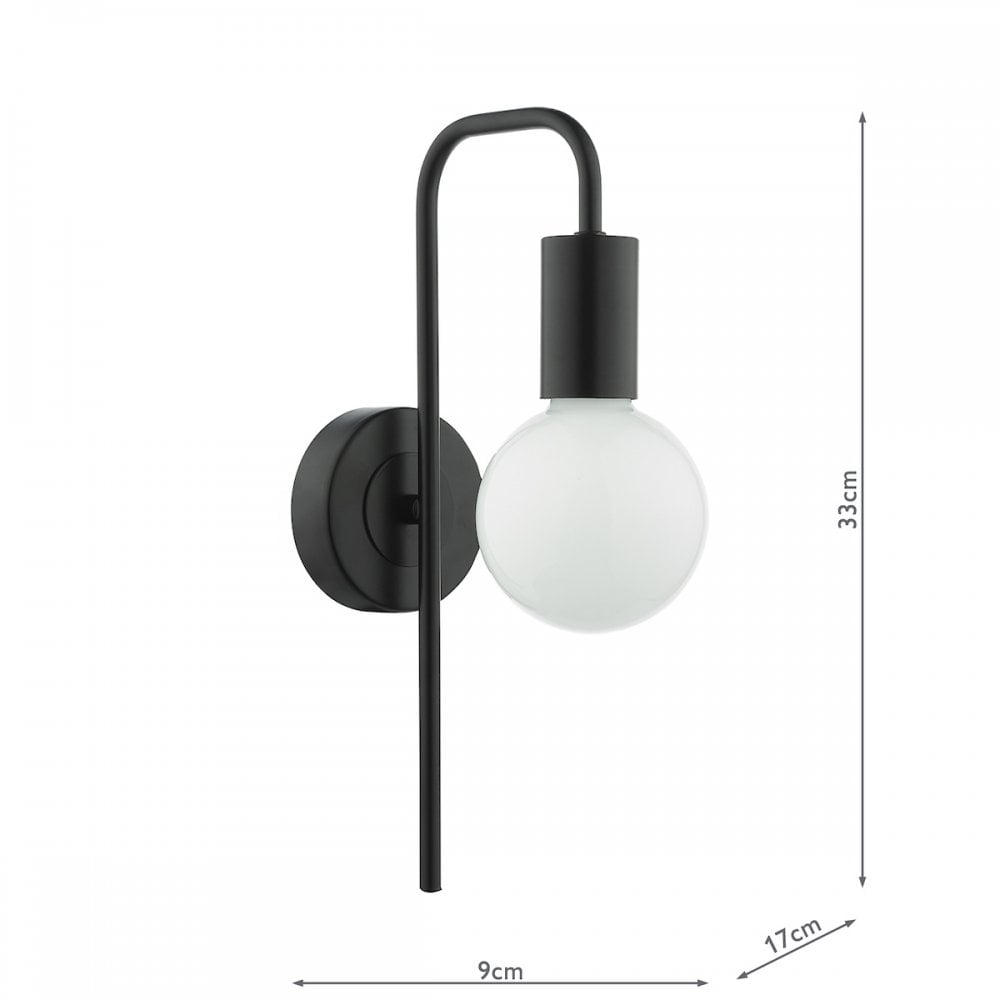 Black wall lamp with a white, spherical bulb, showing dimensions.