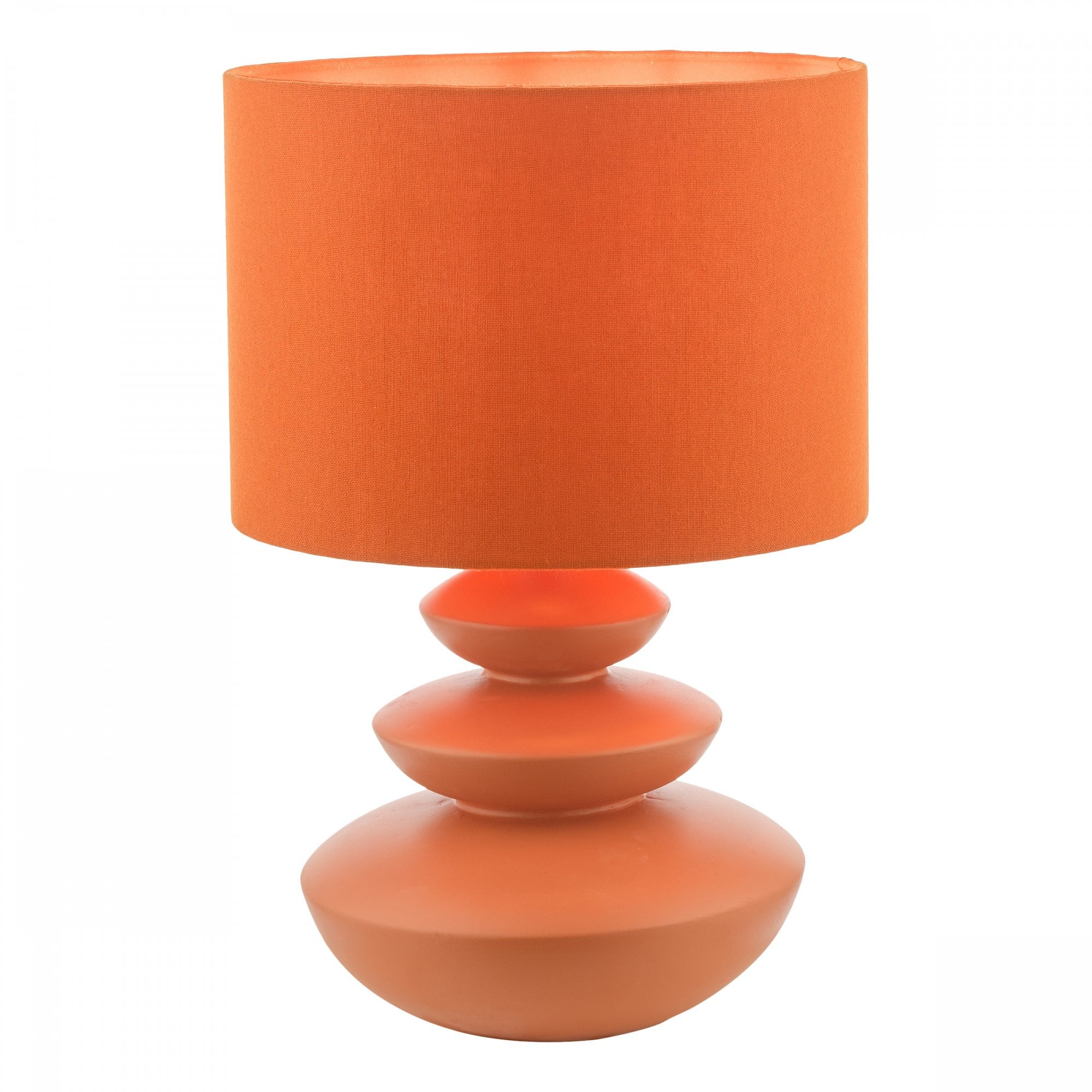 An orange table lamp with a three-tiered base, ideal for a contemporary living space.