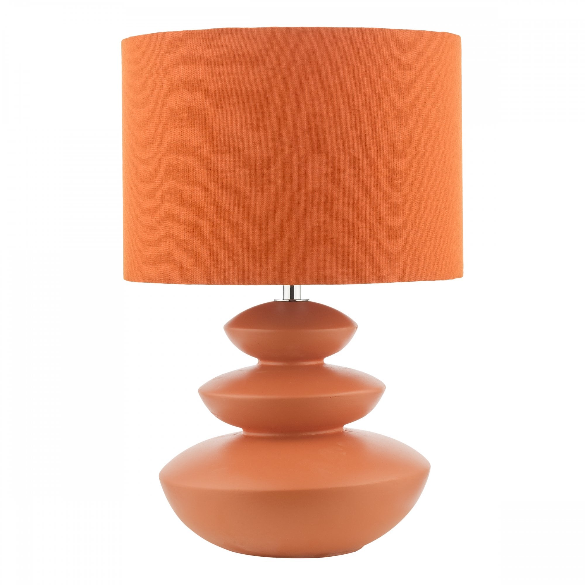 An orange table lamp with a three-tiered base, offering a stylish lighting solution.